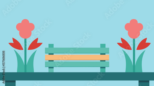 A serene wooden bench adorned with vibrant spring flowers, perfectly designed for a peaceful park or garden setting under a clear sky
