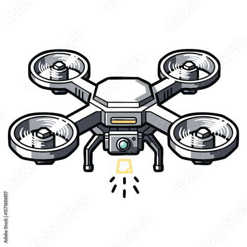 Stylized illustration of a modern quadcopter drone with a camera and a yellow package delivery