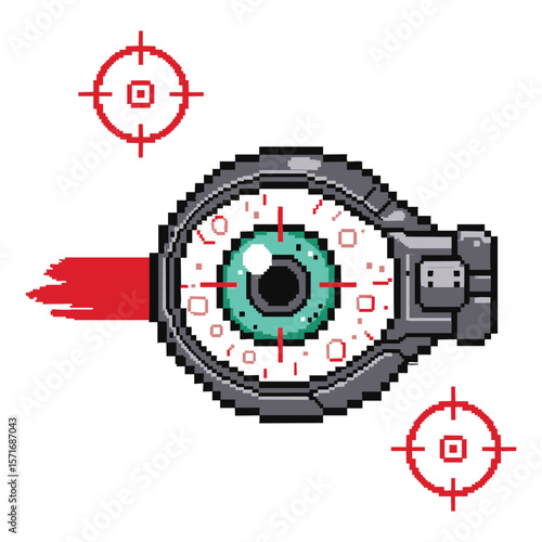Pixel art robotic eye with red targeting reticles and a red streak