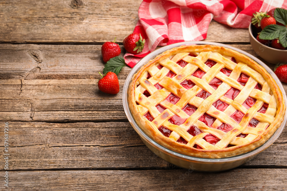 Tasty strawberry pie and berries on wooden table, space for text Tasty strawberry pie and berries on wooden table, space for text