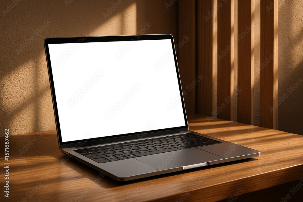 Fototapeta premium Sleek laptop mockup with blank screen on a warm wooden desk, bathed in natural light. Perfect for showcasing designs, websites, or creative work in a modern workspace.