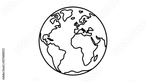 A simple black and white line drawing of the earth showing the continents and the shape of the globe