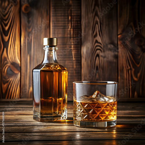 Whiskey glass and bottle mockup on dark wood surface