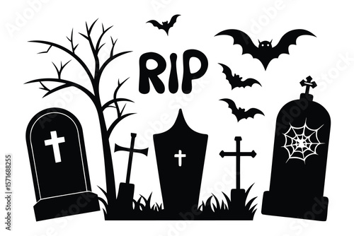 Halloween cemetery scene with bats and R I P text tombstones