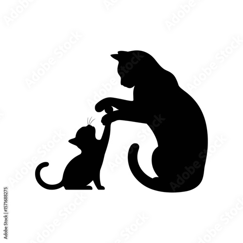 Cat and Kitten Silhouette in Playful Interaction