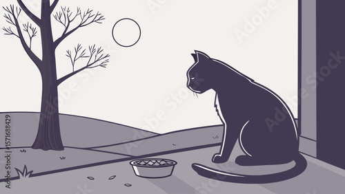Grieving Cat at Empty Food Bowl in Moonlight