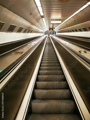 Escalator leading to a subway station during a busy commute in an urban setting