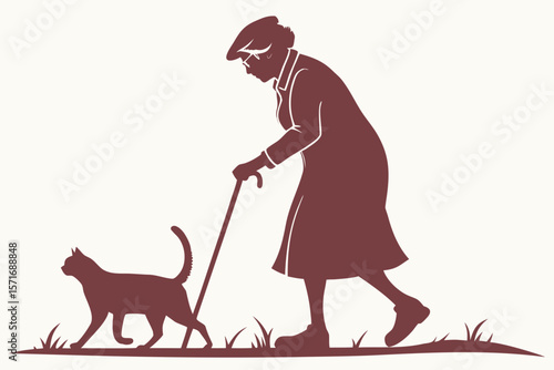 Elderly Woman with Cane and Cat — Companionship in Aging Silhouette