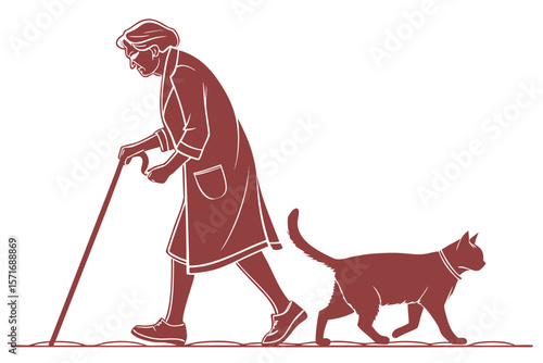 Elderly Woman with Cane and Cat — Companionship in Aging Silhouette