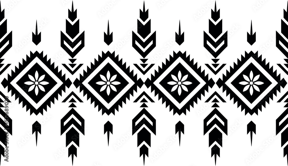 Black and white aztec pattern with diamond shapes and flowers in a seamless repeating design Black and white aztec pattern with diamond shapes and flowers in a seamless repeating design