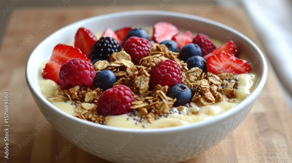Healthy Breakfast Bowl with Fruit and Granola on Wooden Surface Healthy Breakfast Bowl with Fruit and Granola on Wooden Surface