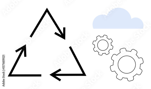 Triangular recycling arrows, two interlocking gears, and a cloud. Ideal for sustainability, process flow, teamwork, innovation, eco-friendly practices, cloud solutions simple landing page