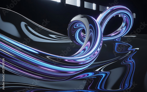 A dynamic and abstract neon light trail, with vibrant blue and purple hues, curving and flowing across a reflective dark surface.