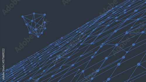 A blue network of connected dots and lines on a dark background with a floating structure nearby