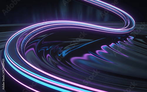 A dynamic and abstract neon light trail, with vibrant blue and purple hues, curving and flowing across a reflective dark surface.