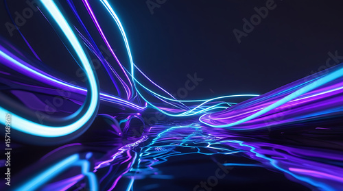 A dynamic and abstract neon light trail, with vibrant blue and purple hues, curving and flowing across a reflective dark surface.