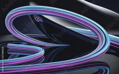 A dynamic and abstract neon light trail, with vibrant blue and purple hues, curving and flowing across a reflective dark surface.