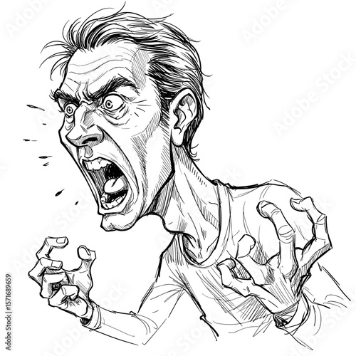 Caricature of an angry man yelling in rage on white background
