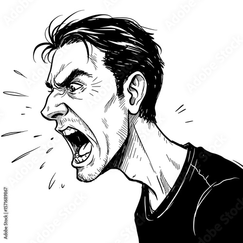 Angry man shouting loudly expressing rage on white background
