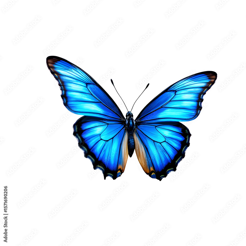 Fototapeta premium A striking blue butterfly, its wings elegantly spread, is captured against a plain transparent background, showcasing its rich color and intricate details