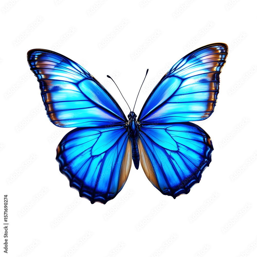 Obraz premium A captivating blue butterfly, wings fully extended, is displayed against a clean transparent background, highlighting its exquisite form and color