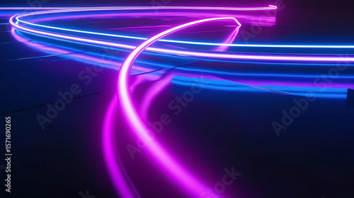 A dynamic and abstract neon light trail, with vibrant blue and purple hues, curving and flowing across a reflective dark surface.