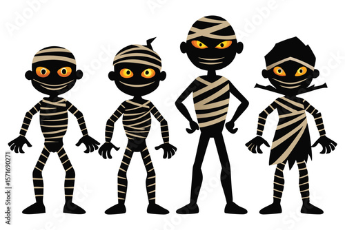 Four black mummies with tan bandages and glowing eyes halloween mummy