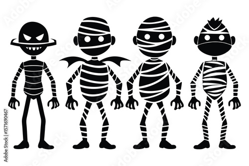 Four black mummy figures in different poses halloween silhouette