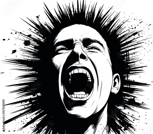 A black and white illustration of a person screaming with spiky hair and splattered background