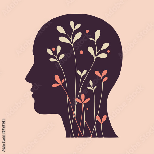 Silhouette of human head with plants symbolizing mental health  