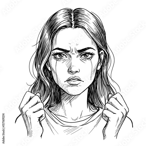 Angry young woman with tears in her eyes clenching her fists on white background
