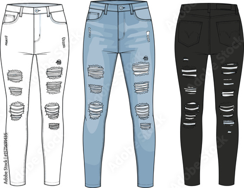 Ripped Denim Jeans in Multiple Colors with Strategic Tear Details for Edgy Casual Style, Trendy Streetwear