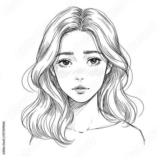 Blushing young woman with wavy hair feeling shy on white background