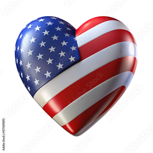 3d Heart shaped American flag with stars and stripes isolated on transparent background