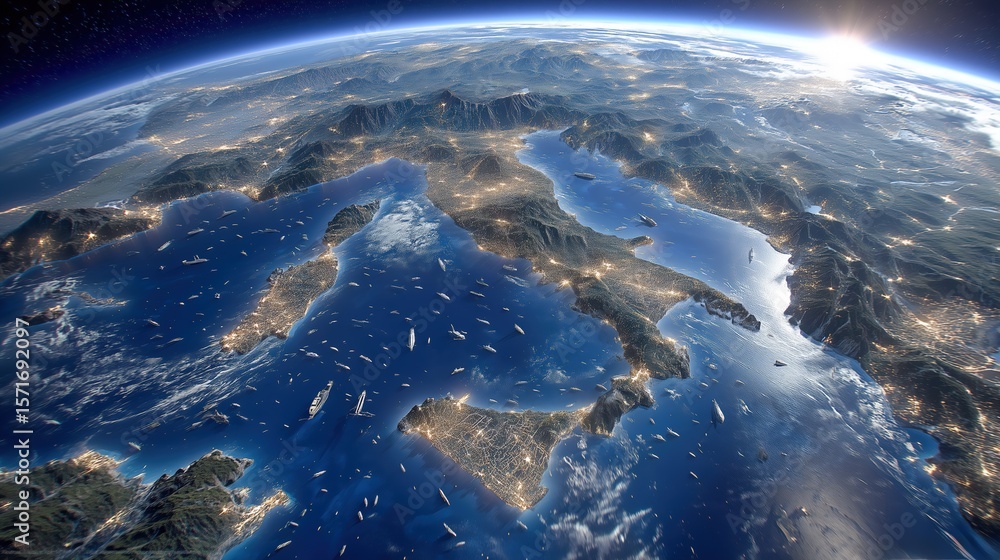 Aerial view of Earth showcasing the Mediterranean region and space above. Aerial view of Earth showcasing the Mediterranean region and space above.