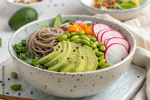 Delicious Healthy Fresh Vegan Poke Bowl with Avocado, Soba Noodles, and Edamame – Clean Eating Delight.  