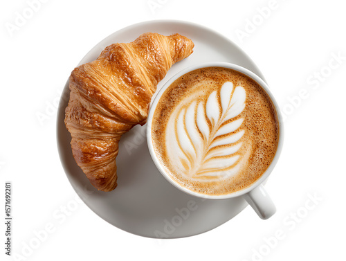 Flatlay of Breakfast Latte Art Coffee and Croissant on white Background
