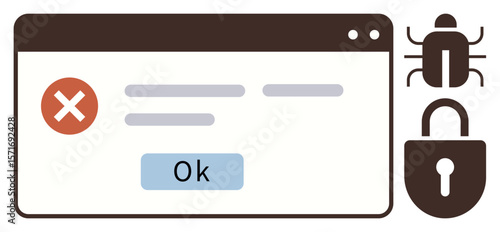 Error message in browser window, bug icon, security lock symbol. Ideal for cyber threat, software glitch, virus, protection, system error debugging online safety. Simple flat metaphor