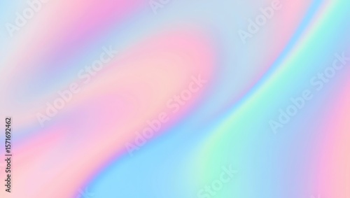 A vibrant holographic pastel background shimmers with iridescent colors