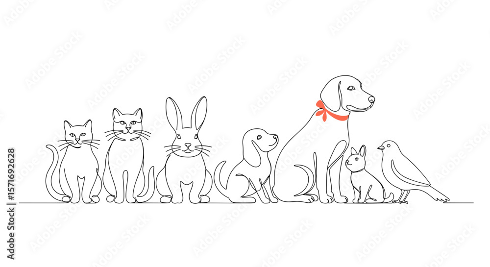 Fototapeta premium Line drawing of diverse pets including dog, cat, rabbit, and bird 