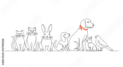 Line drawing of diverse pets including dog, cat, rabbit, and bird  