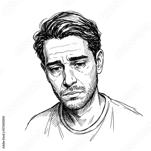 Lonely man with short hair expressing solitude on white background
