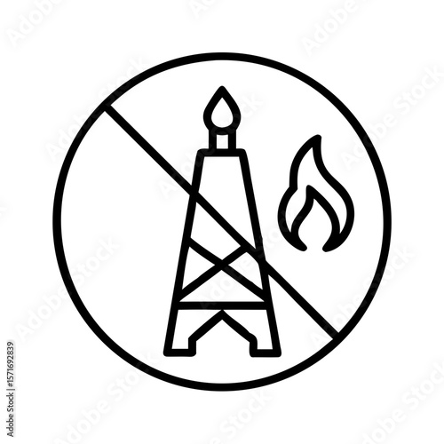 No fossil fuels symbol with oil tower and flame in line art  
