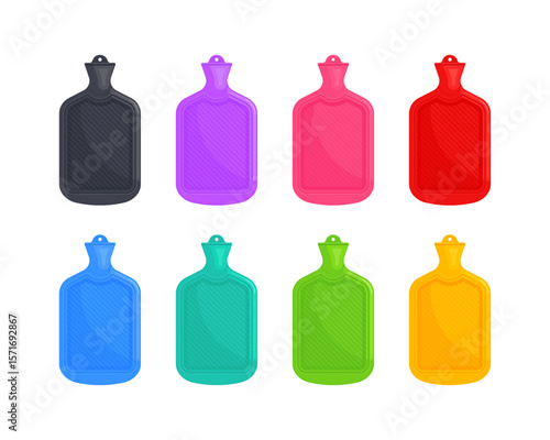 Set of rubber hot water bottles in black, purple, pink, red, blue, green, teal, yellow. Healthcare accessory, Pain relief, self-care concept. Flat vector illustration isolated on white background 