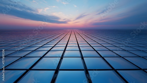 Wallpaper Mural Abstract perspective of a squared, reflective floor merging with the horizon under a gradient sky. The floor reflecting sky and clouds Torontodigital.ca