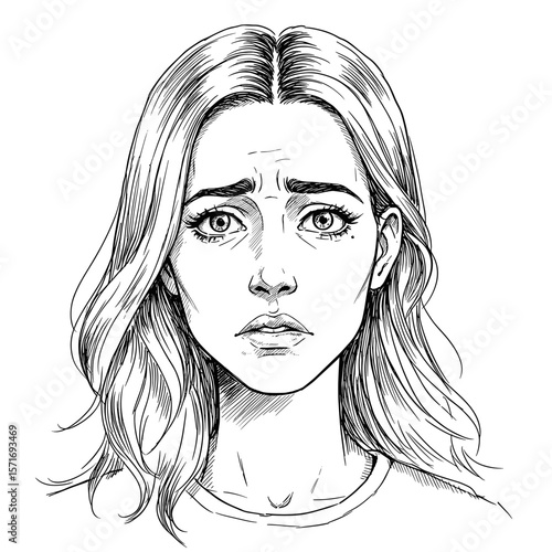 Jealous young woman with wavy hair showing concern on white background