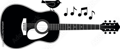 A black and white illustration of an acoustic guitar with a bird perched on it and music notes