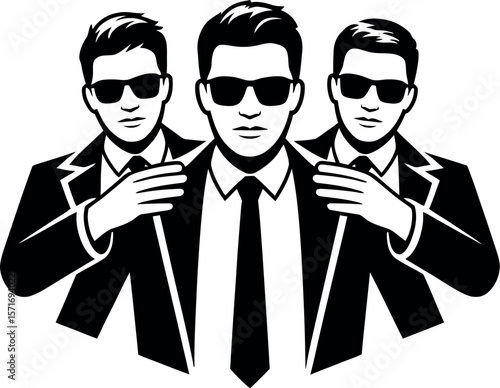 Three men in suits and sunglasses standing together in a black and white graphic design style