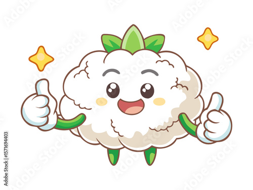 Playful cartoon cauliflower character with thumbs up distressed expression standing on peach background