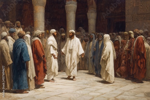 Jesus converses with Pharisees in the Temple as religious leaders debate faith and scripture during a significant moment in ancient history
